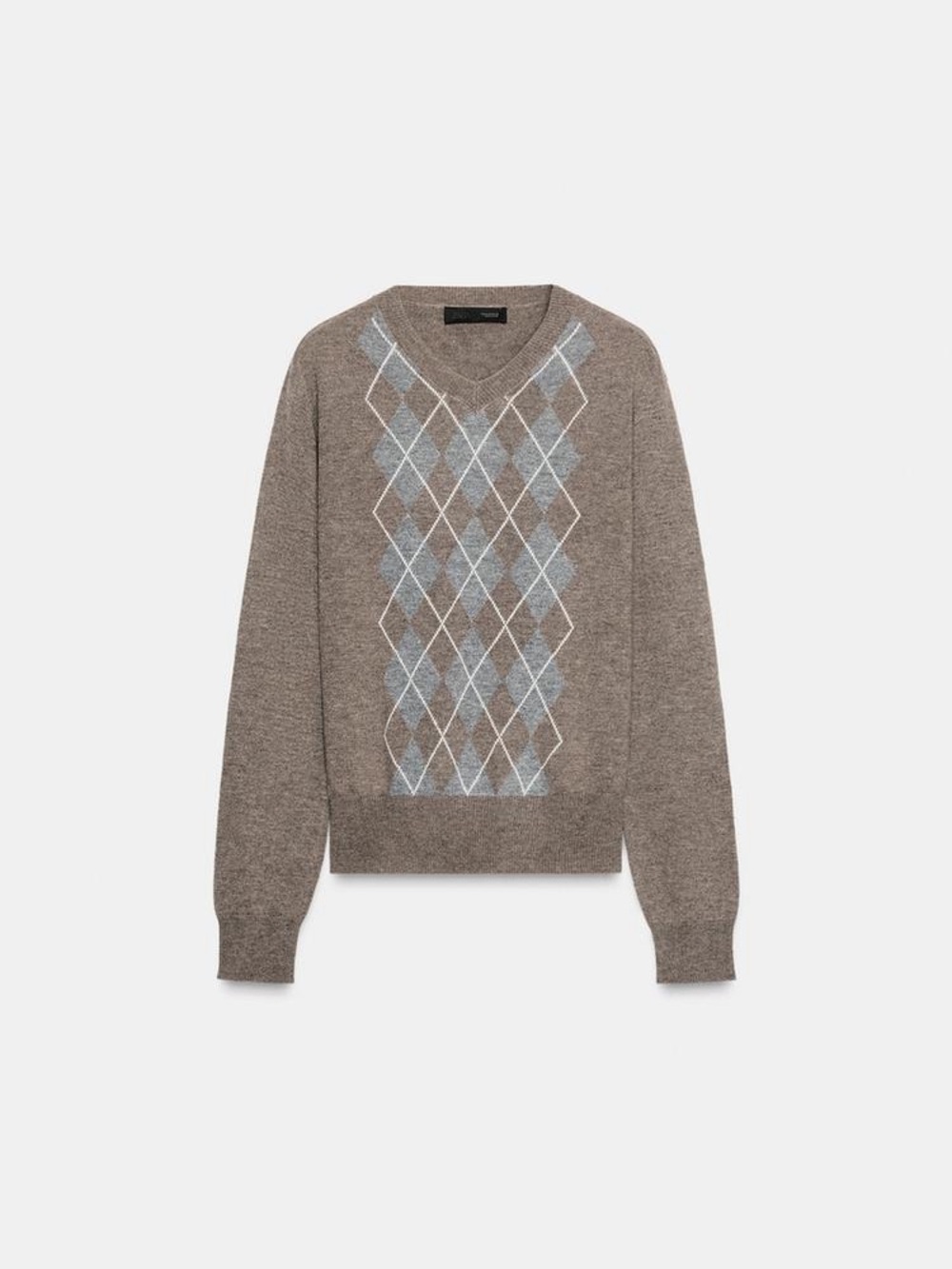 Zara Diamond-Pattern Wool Jumper V-Neck Sweater Pullover Printed Brown